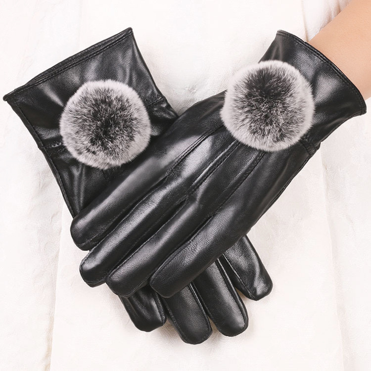 Nuevo otoño y el invierno de las mujeres de piel de oveja guantes forrados de lana caliente patchwork Rex conejo Bola de piel de conducción guantes de cuero