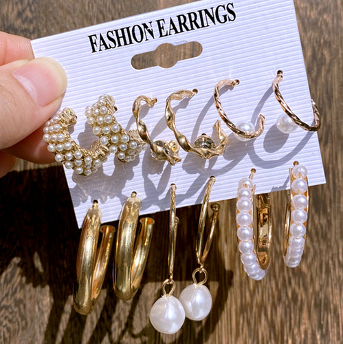European and American cross-border inlaid pearl card set earrings for women, creative French retro gold earring set, 6-piece set