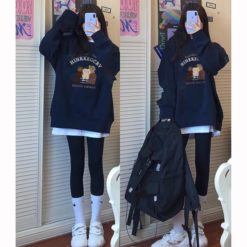 Japanese Retro Navy Blue Crewneck Sweatshirt for Women, Spring and Autumn, Fleece-Lined, Vintage Old School Style, Loose Fit, Petite Jacket Japanese Retro Navy Blue Crewneck Sweatshirt for Women, Spring and Autumn, Fleece-Lined, Vintage Old School Style, Loose Fit, Petite Jacket