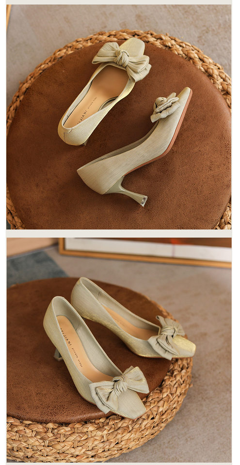Giày cao gót nữ mũi vuông gót nhọn 6–8 cm chất liệu satin lụa tơ tằm trang trí nơ, giày cô dâu — Màu mơ, Màu đỏ chi tiết 17