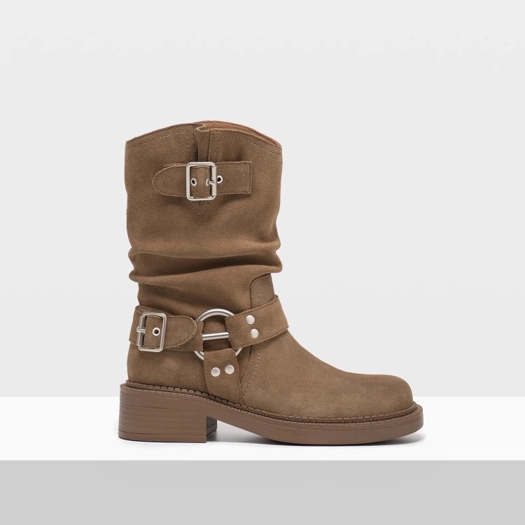 Women's Western Cowboy Boots with Height Increase 2025 Autumn/Winter New Chunky Heel Martin Boots Short Retro Slouch Boots for Petite Sizes