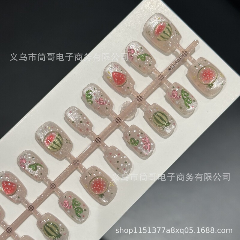 Pre-Made Watermelon-Shaped Nails Wholesale Direct Sales Finished Nail Pieces High-End Feel Summer Whitening Short Nail Pieces Pre-Made Watermelon-Shaped Nails Wholesale Direct Sales Finished Nail Pieces High-End Feel Summer Whitening Short Nail Pieces