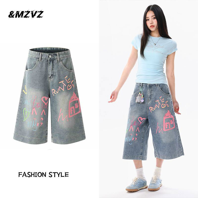 Distressed Large Size Graffiti Print Cartoon Denim Cropped Pants for Women Summer American Wide-Leg Mid-Pants High-Waisted Loose Shorts