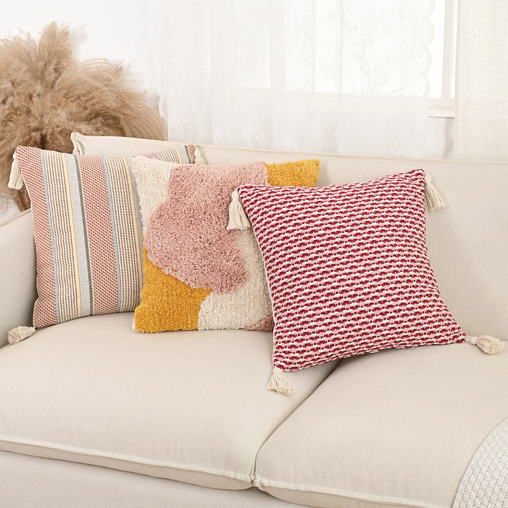 Cross-bordados nórdicos con mechones, fundas de almohada teñidas en hilo de poliéster y algodón, muebles para el hogar para niñas, sofá, dormitorio, decoración de sala de estar