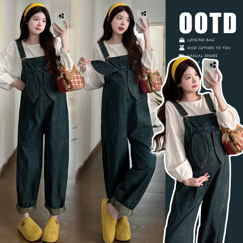 Maternity Wear Design Denim Overalls Spring and Autum Loose Age-Reducing Puff Sleeve Top Jumpsuit Two-Piece Suit