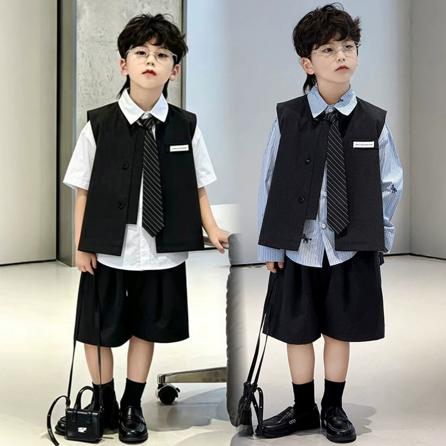 Children's Vest and Shorts Set 2026 Boys' Stylish Academy Style Dark Gray Three-Piece Suit Boys' Spring and Summer Casual Formal Wear
