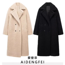 欧美秋冬新款V型翻领加厚中长款羊羔毛抓绒超长大衣外套 1255700