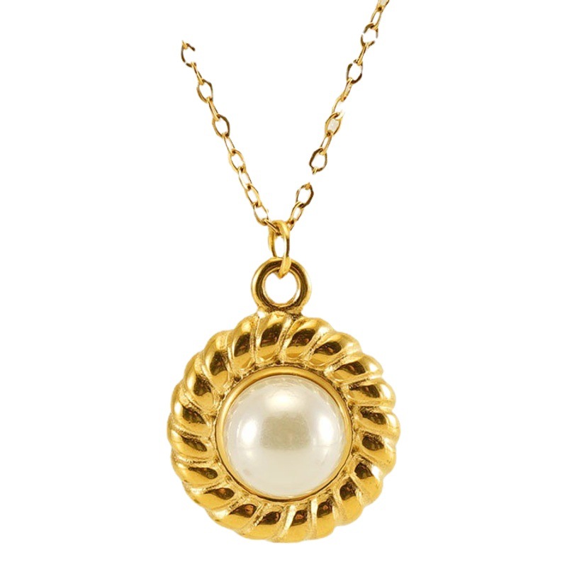 Transfronterizo europeo y americano Acero inoxidable 18K oro diseño sentido del sol flor perla collar titanio acero moda nuevo cuello para las mujeres