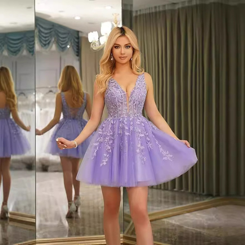 Cross-Border Export New Dress French V-Neck Short Dress Prom Performance Dress Birthday Party Dress