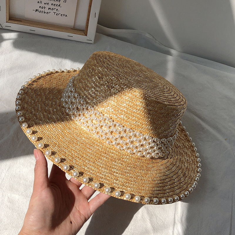 1260g Weight Sun Hat Hats Type Casual, Outdoor Occasion Straw Material Solid Color Pattern Summer Season Women's Gender Pearl Design Elegant, Simple Style Style Big Eaves Rim Women's Elegant Simple Style Solid Color Pearl Big Eaves Sun Hat 2