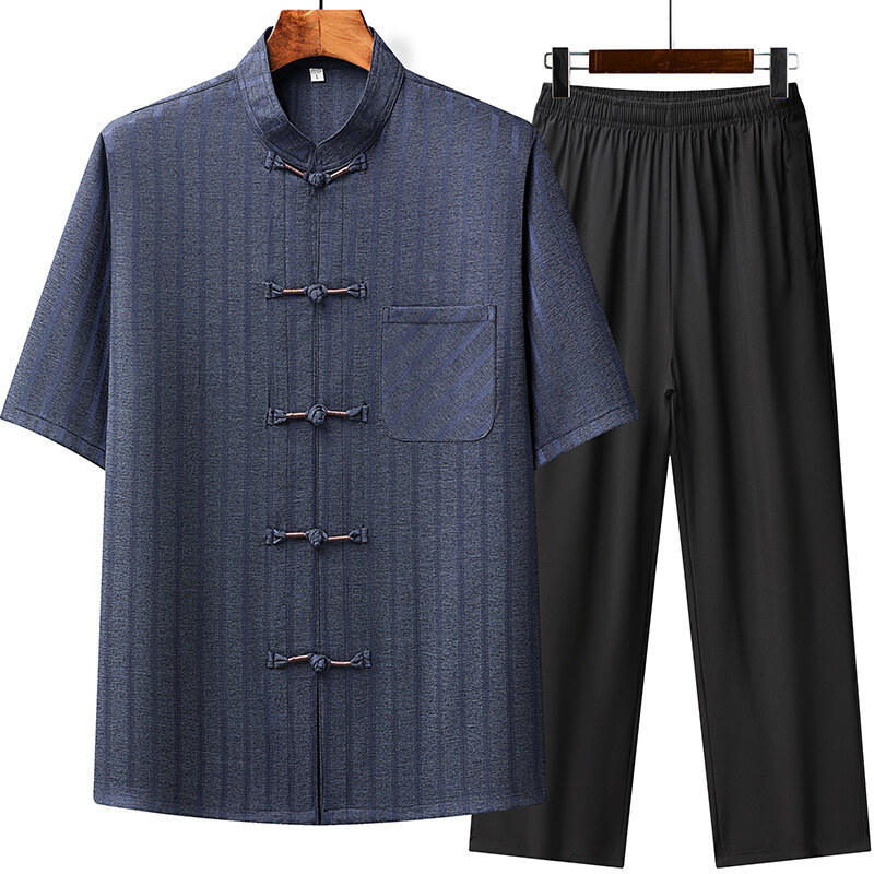 唐装スーツメンズお父さん 2025 夏服中高年おじいちゃん夏半袖レトロ中国風朝の運動服|undefined