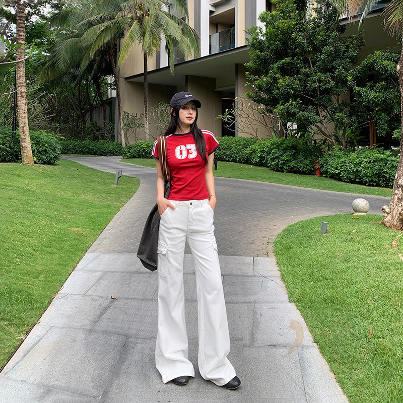 【Jin Yin】New White Low-Waist Slim-Fit Versatile Slightly Loose Stretchy Workwear Flared Denim Floor-Length Pants for Women 【Jin Yin】New White Low-Waist Slim-Fit Versatile Slightly Loose Stretchy Workwear Flared Denim Floor-Length Pants for Women