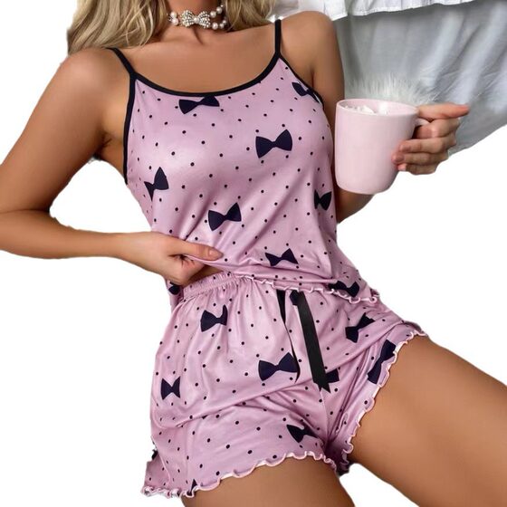 European and American foreign trade ladies summer sling home clothes suit soft drape cute printed pajamas wholesale
