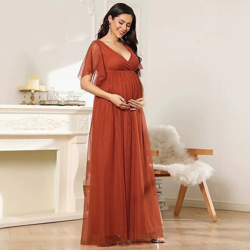 Evening dress maternity wear cross-border foreign trade European and American V-neck evening dress long short-sleeved V-neck tulle dress Evening dress maternity wear cross-border foreign trade European and American V-neck evening dress long short-sleeved V-neck tulle dress