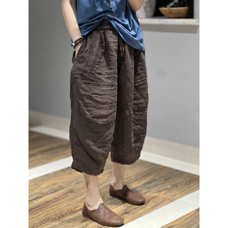 Summer New Color Cotton and Linen Elastic Cropped Pants Loose Retro Casual Casual Pants Harem Pants for Women