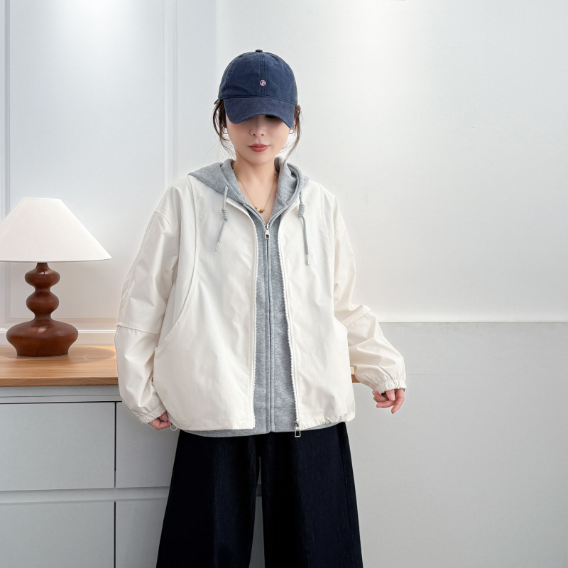外套胖妹妹秋季2025新款大码200斤下摆抽绳宽松休闲无领夹克上衣|undefined
