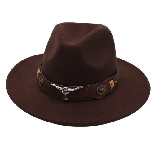 Foreign Trade Bullhead Top Hat Belt Buckle Jazz Hat for Men & Women Felt Hat Leather Riding Hat Western Wool Hat Ethnic Style