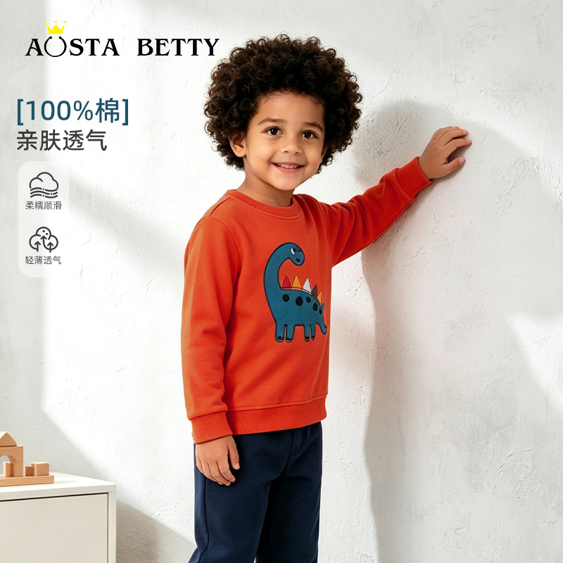 26 Autumn Boys' Sweatshirt with Cartoon Dinosaur Appliqué, Long Sleeve, Knitted Cotton Crew Neck, Mixed Wholesale