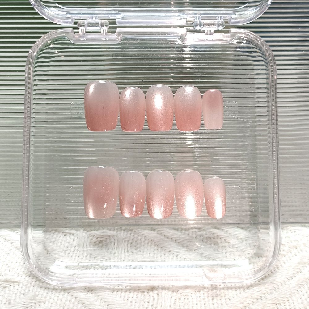 Puntas de uñas con efecto ojo de gato en rosa degradado, juego de 10 piezas con diferentes tamaños, puntas de uñas artísticas hechas a mano, pegatinas de uñas simples y elegantes.
