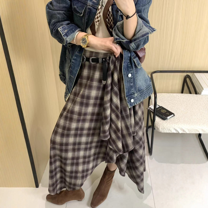 复古格纹不规则半身裙女25秋季慵懒宽松休闲A字长裙女韩系 简约感|undefined