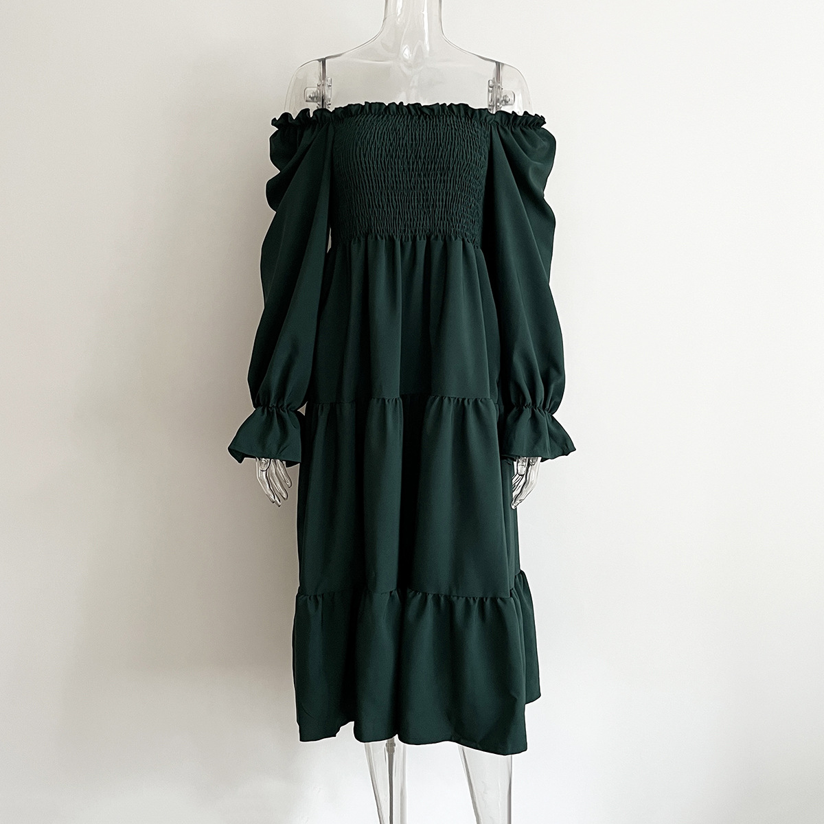 Smocking Dress Ruffled Square Collar Flared Sleeve Layered Large Swing Dress Women Women Clothing
