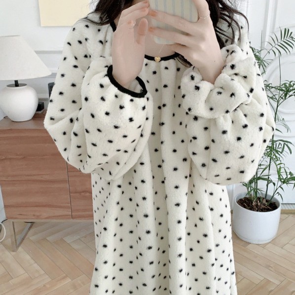 韩国ins女士新法式少女波点圆领毛毛睡衣女甜美家居服睡裙送发圈