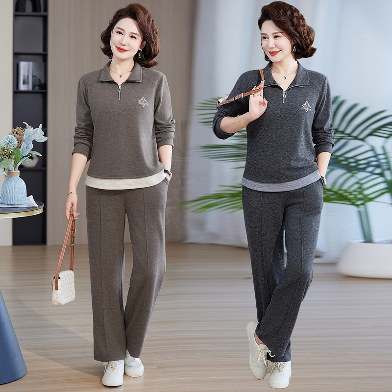 妈妈时尚薄长袖衣中年女装秋装新动服中老年春秋休闲套装两件套|undefined