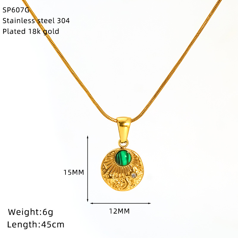 18K Gold Plated Plating Material Wholesale Jewelry IG Style Geometric 304 Stainless Steel Turquoise Zircon 18K Gold Plated Inlay Pendant Necklace Snake Chain