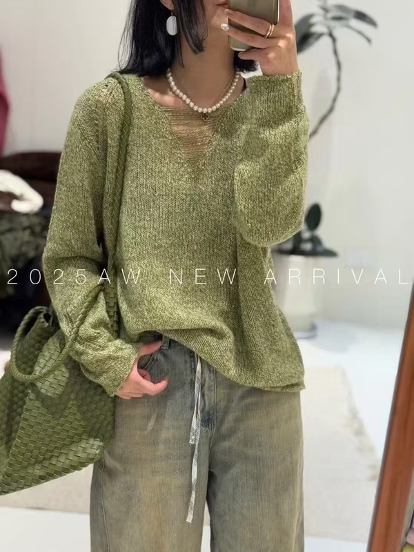 欧洲站2025早秋新款V领长袖纯色宽松百搭针织羊毛衫上衣女打底衫|undefined