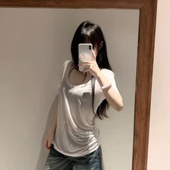 纯欲微透U领白色短袖t恤女夏季2025新款松弛感懒惰辣妹超显瘦上衣