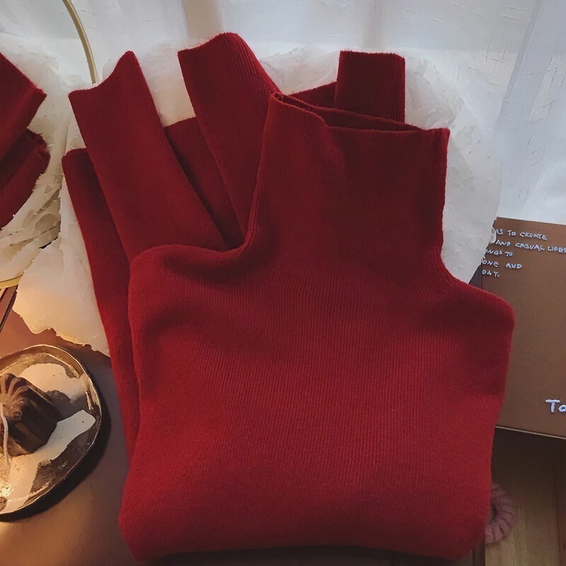 Autumn and Winter Christmas Red Turtleneck Sweater Women's New Year Slim-fit Long-sleeved Bottoming Pile Collar Pullover Inner Knit