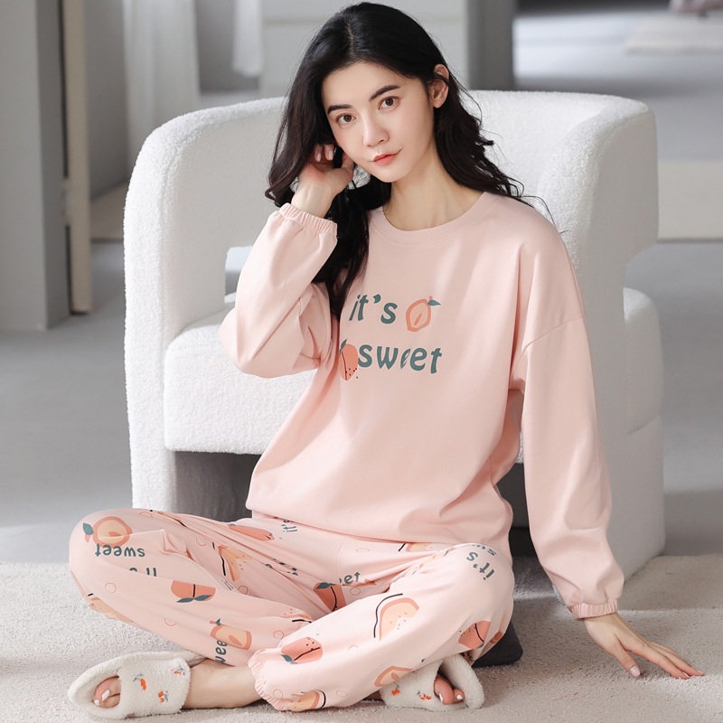 Spring and Autumn Pajamas Cotton Women's Long Sleeve Trousers Cute Korean Style Girls' Suit Loose Autumn and Winter Home Wear
