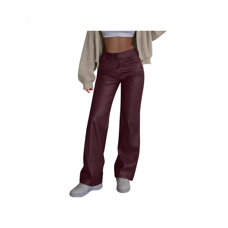 Women's Solid Color Casual Leather Button Zipper Elastic Waist Loose Fit Long Pants with Pockets Wide-Leg Straight Pants Women's Solid Color Casual Leather Button Zipper Elastic Waist Loose Fit Long Pants with Pockets Wide-Leg Straight Pants