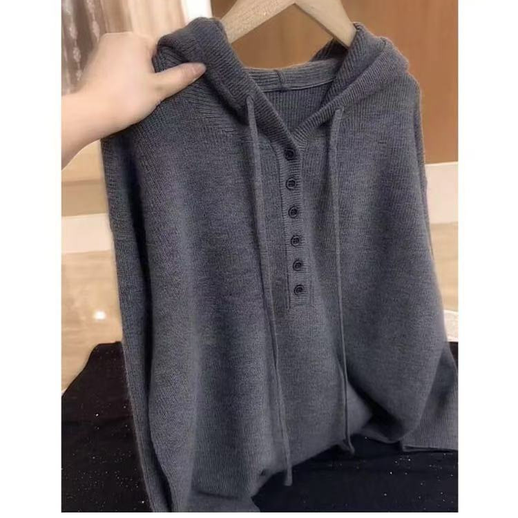 Gray Casual Hooded Knitted Pullover Sweater for Women 2026 Autumn New Style Simple Loose Versatile Plus Size Top