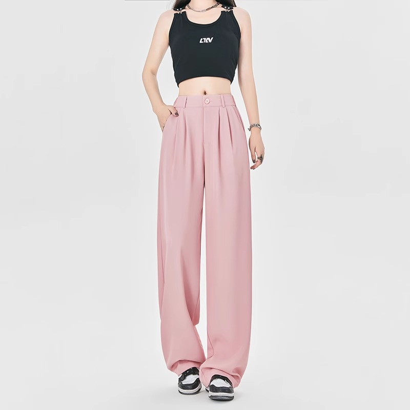 Pantalones de traje gris para mujeres verano delgado 2024 nuevos pantalones casuales de alta sensación, pantalones de piernas anchas de seda de hielo