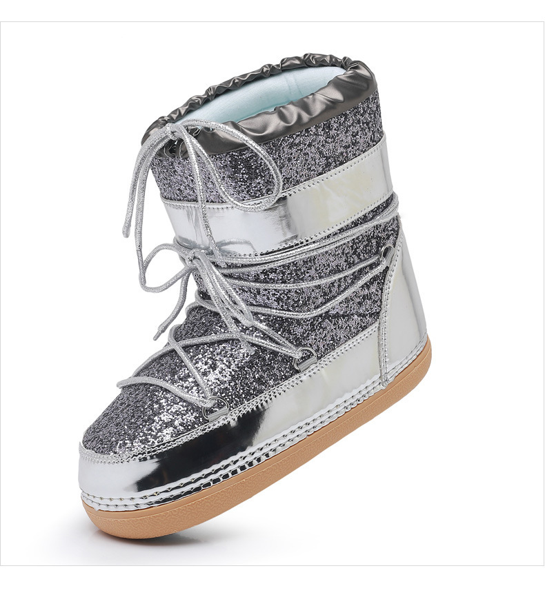 NOKOMETA European And American Winter Space Boots Platform Sequined Bread Short Boots Snow Boots Women's Tide Ski Shoes Straps 2025_voghion.com