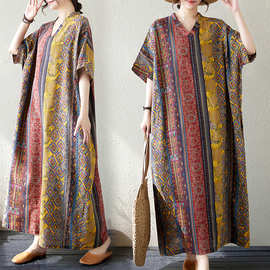 跨境文艺复古度假风旅游连衣裙加肥加大遮肉显瘦棉麻波西米亚长袍
