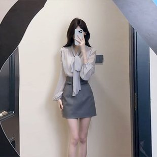 Slightly Chubby French Style V Neck Ribbon Long-Sleeved Top for Women Summer Korean Style High-Waisted A-Line Hip-Covering Skirt Suit