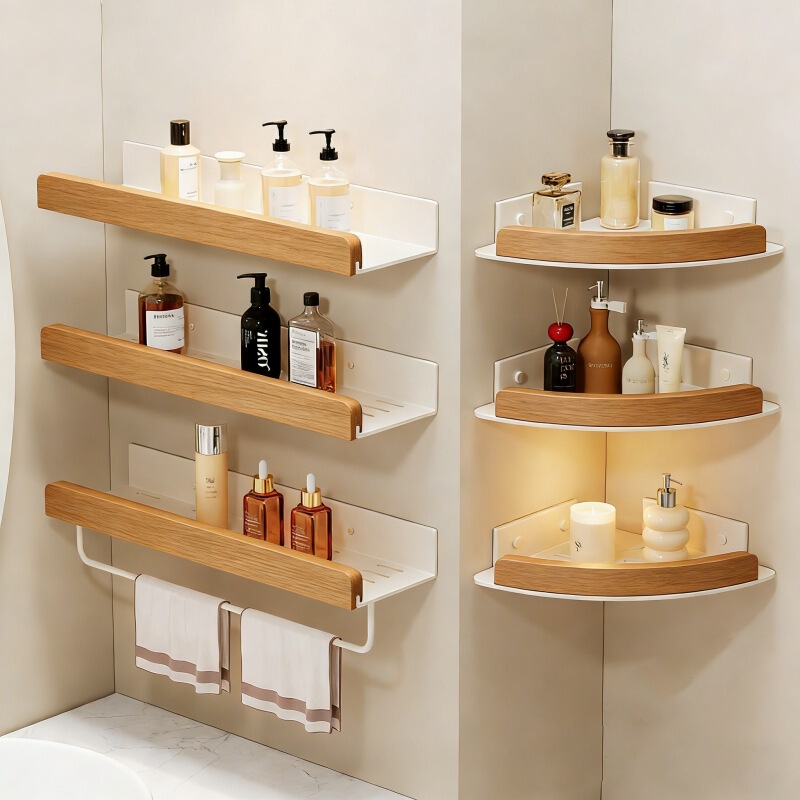 Natural Wood Cream-Style Bathroom Storage Rack, No-Drill Wall-Mounted Toilet Washbasin Drainage Storage, Solid Wood