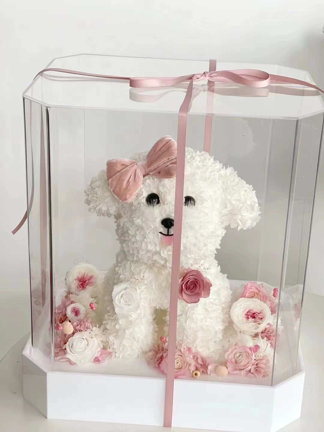 Акриловая белая восьмиугольная основа Прозрачная крышка вечный цветок Пух медведь Пудель витрина