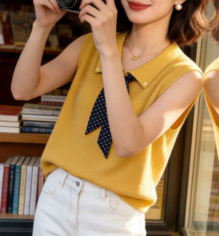 Áo len cổ Polo dệt kim tay ngắn họa tiết chấm bi lụa phối khăn, form rộng thoải mái — Màu ảnh chi tiết 2