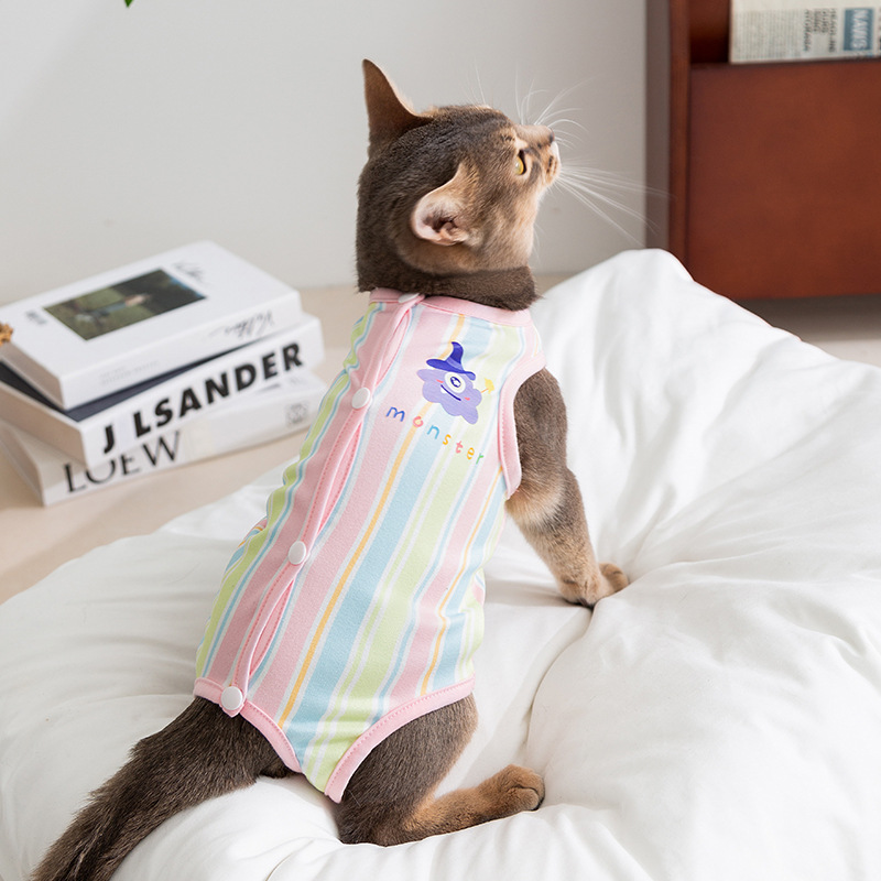 Gatos de dibujos animados a rayas monstruos esterilización ropa de destete transpirable cuatro estaciones ropa postoperatoria ropa de gato mascota