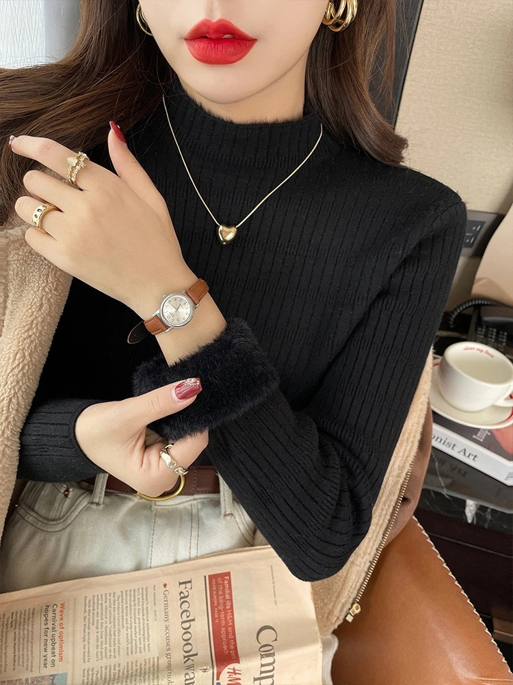 Otoño y invierno nuevo estilo coreano versátil camiseta de base de cuello medio alto con una camiseta de lana de color sólido y suéter de punto de lana para mujeres