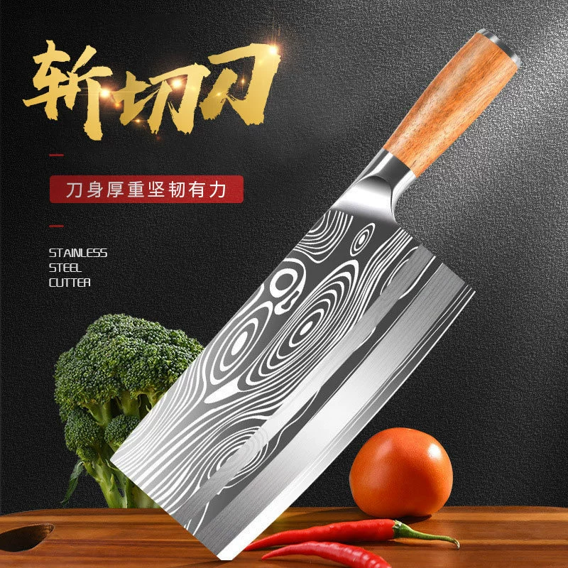 Заводское место на кухонном ноже: бытовой резной нож, нержавеющая сталь, повар, нарезанные ломтики, кость