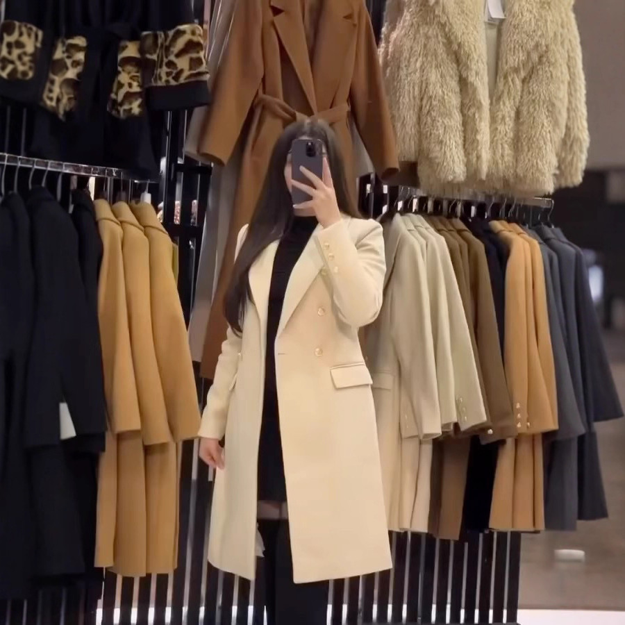 2025春秋跨境欧美外贸女装纯色口袋风衣气质通勤时尚毛呢中长外套