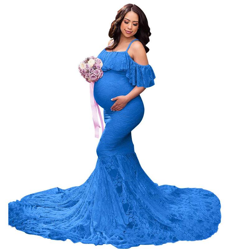 Off-shoulder ruffled lace maternity photography dress, fishtail long gown for expectant mothers, foreign trade robe, manufacturer supply Off-shoulder ruffled lace maternity photography dress, fishtail long gown for expectant mothers, foreign trade robe, manufacturer supply