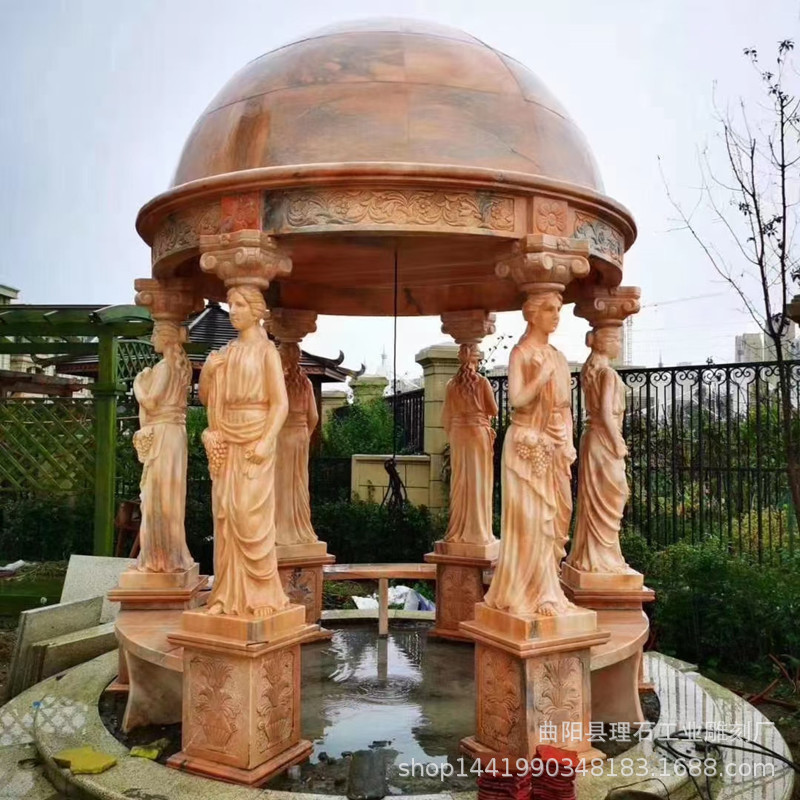 定制欧式大理石凉亭西方人物圆顶石亭子小区别墅庄园石雕亭子长廊