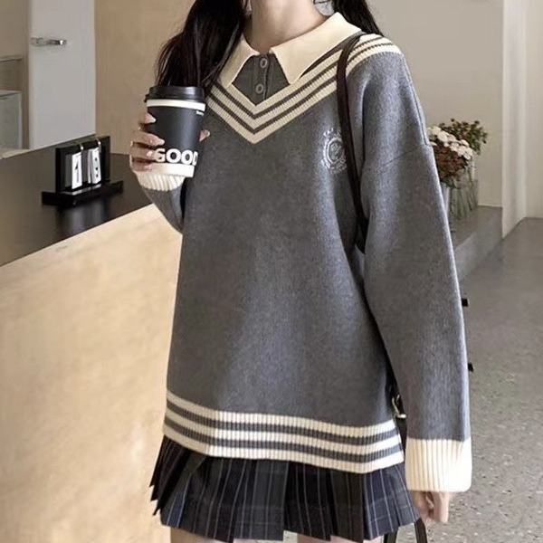 Estilo preppy rayas falso suéter de dos piezas para las mujeres primavera y otoño nuevo cuello de polo suelto dulce JK