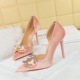 1363-K77 Banquet High Heels Slim Heel Shallow Notched Pointed Side Hollow Thickened Suede Rhinestone Button Bow Tie Single Shoe