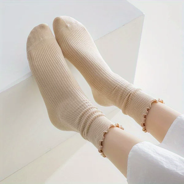 Amazon Double Needle Wood Ear Edge Middle Socks Female Students White Socks Cotton Solid Color Vertical Lace Stacked Socks Female